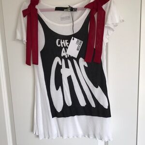 Authentic Love Moschino White and Black Graphic Tee with Red Ribbon